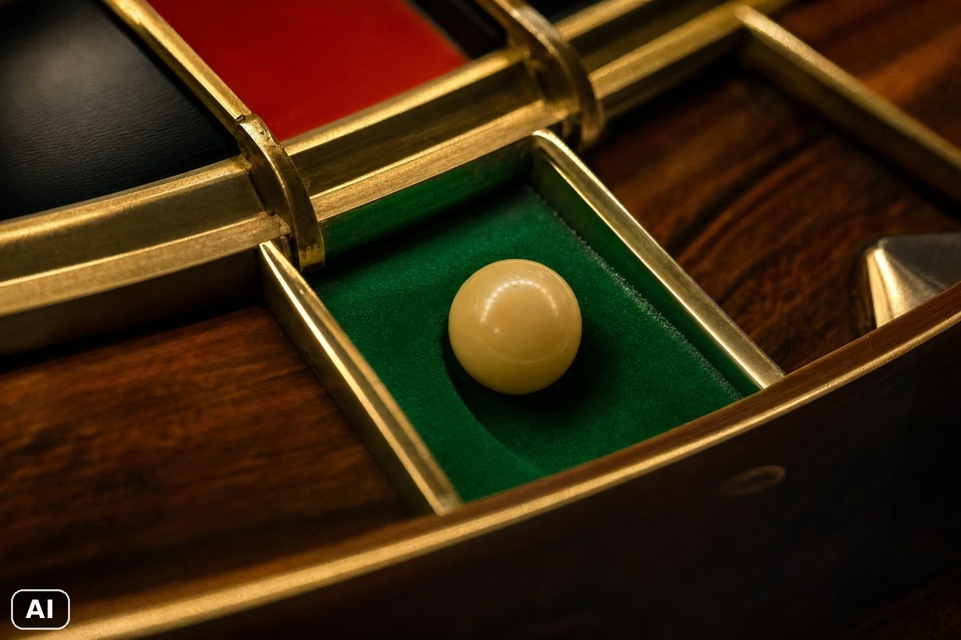 Bola de marfil detenida en la casilla verde del cero de una rueda de ruleta. Imagen generada con inteligencia artificial