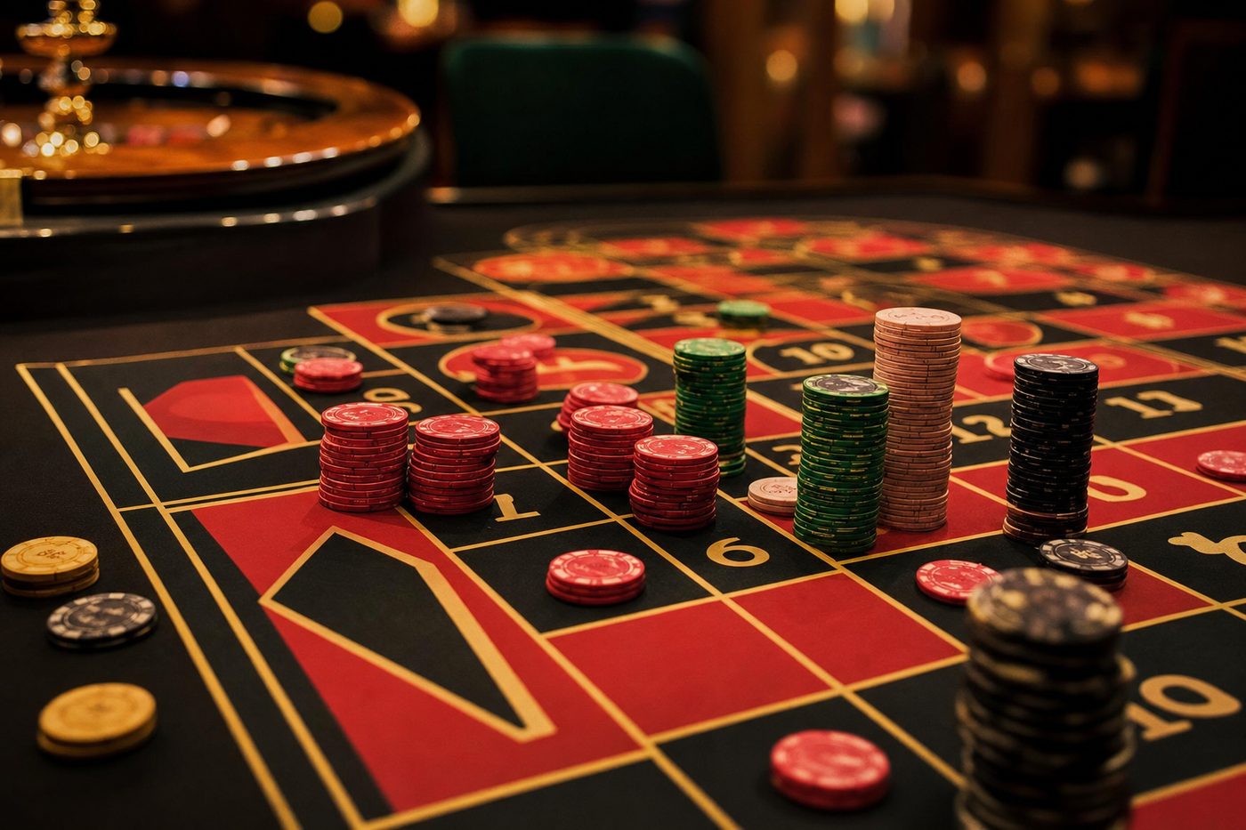 Manos colocando fichas sobre el tapete de una mesa de ruleta