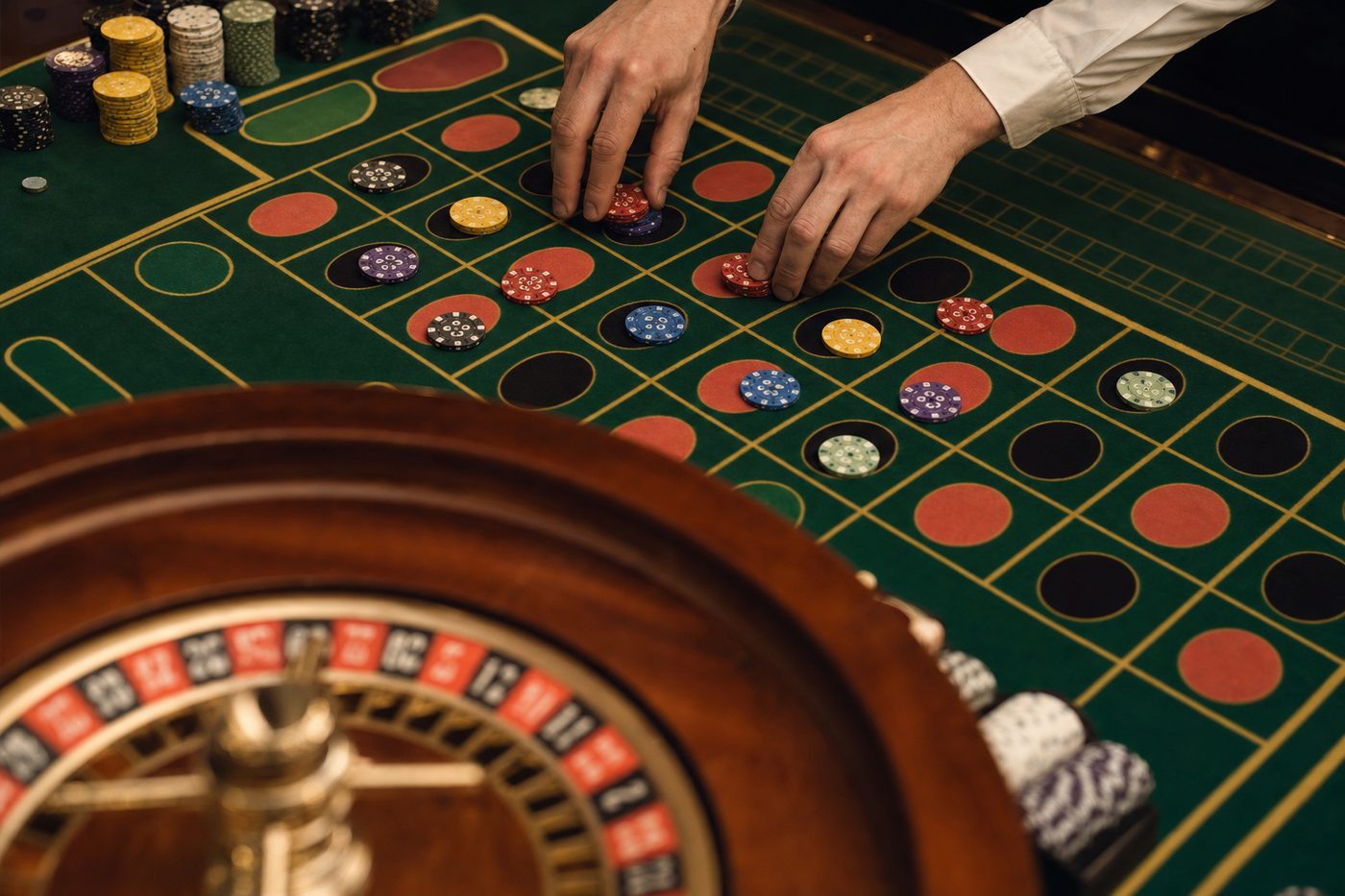 Manos colocando fichas sobre el tapete de una mesa de ruleta