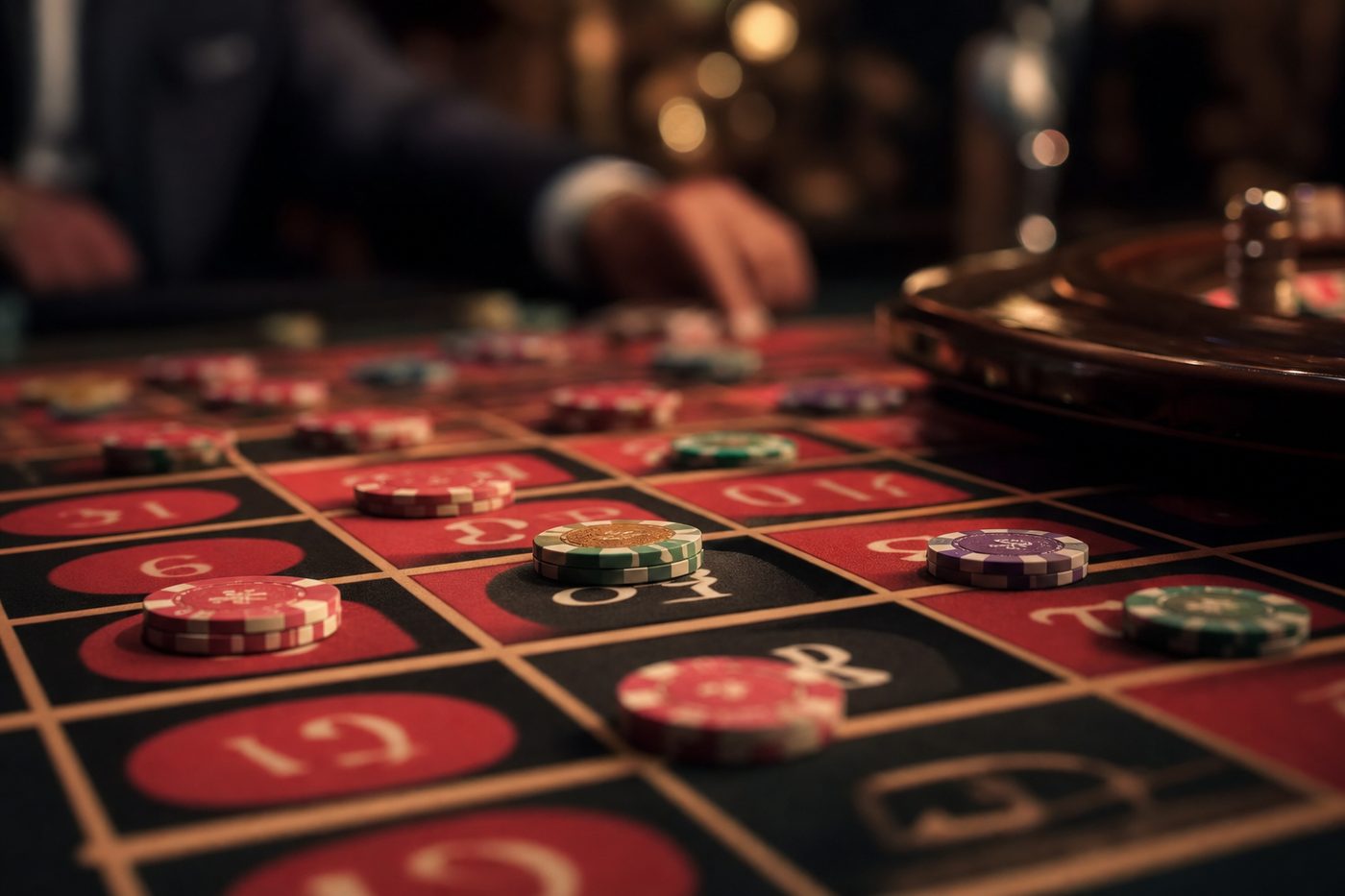 Manos colocando fichas sobre el tapete de una mesa de ruleta