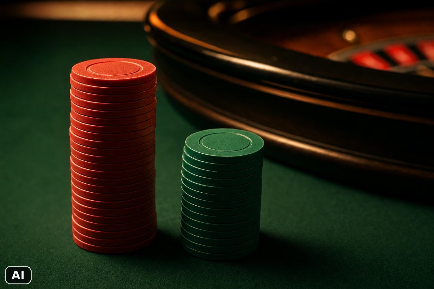 Dos montones de fichas de casino de altura muy distinta sobre el tapete, ante una rueda de ruleta. Imagen generada con inteligencia artificial