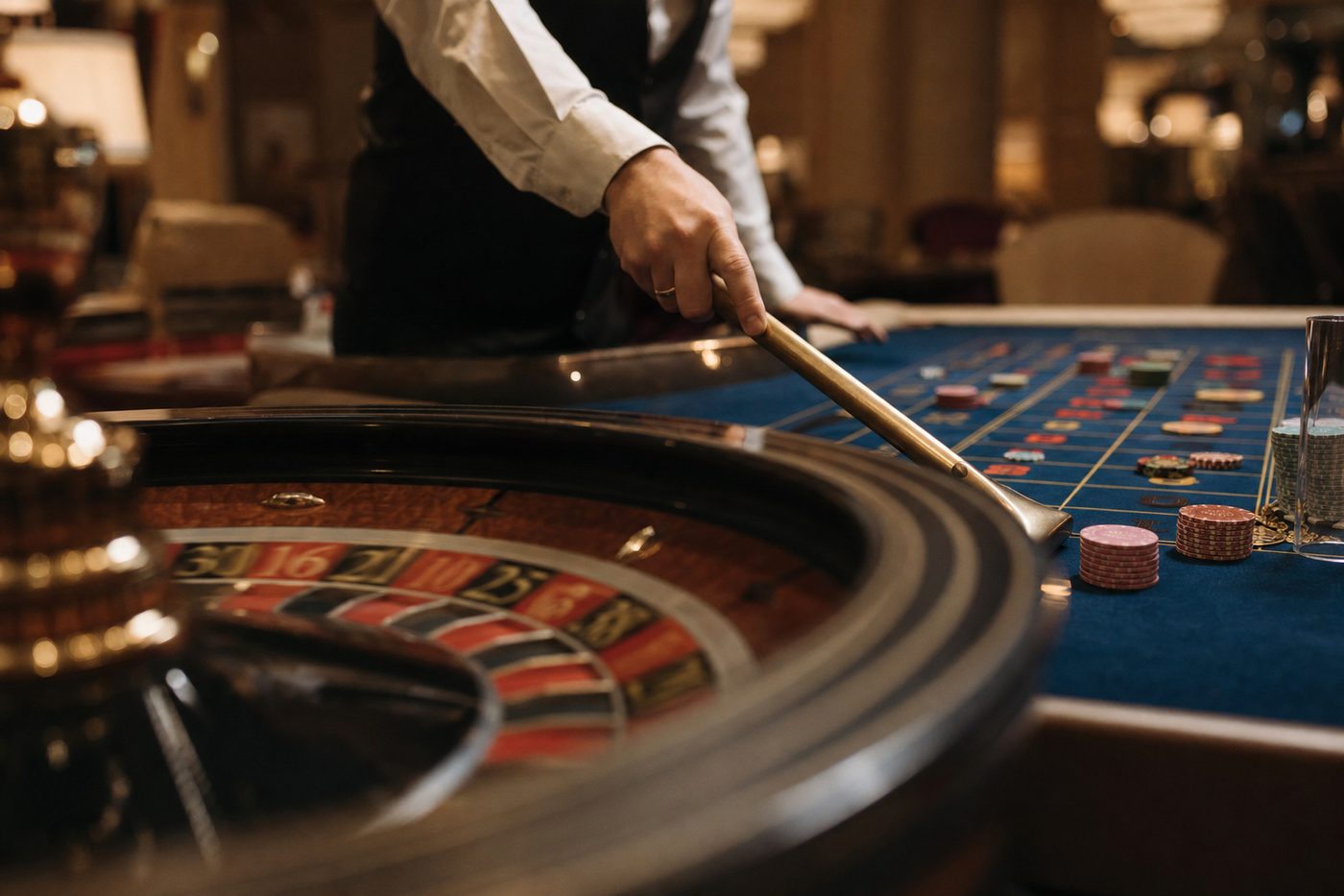 Manos colocando fichas sobre el tapete de una mesa de ruleta
