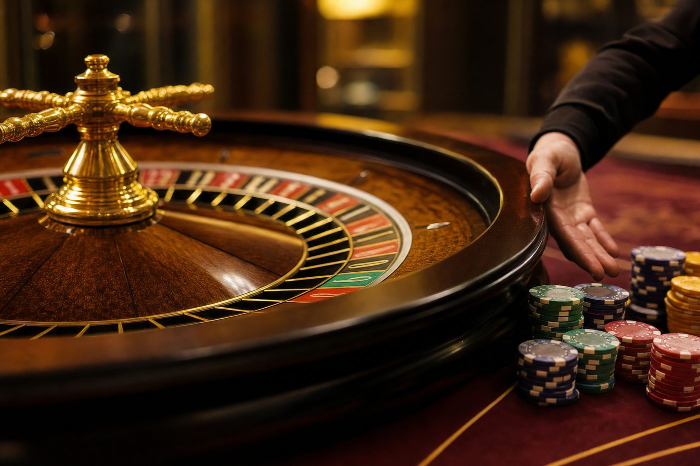 Manos colocando fichas sobre el tapete de una mesa de ruleta