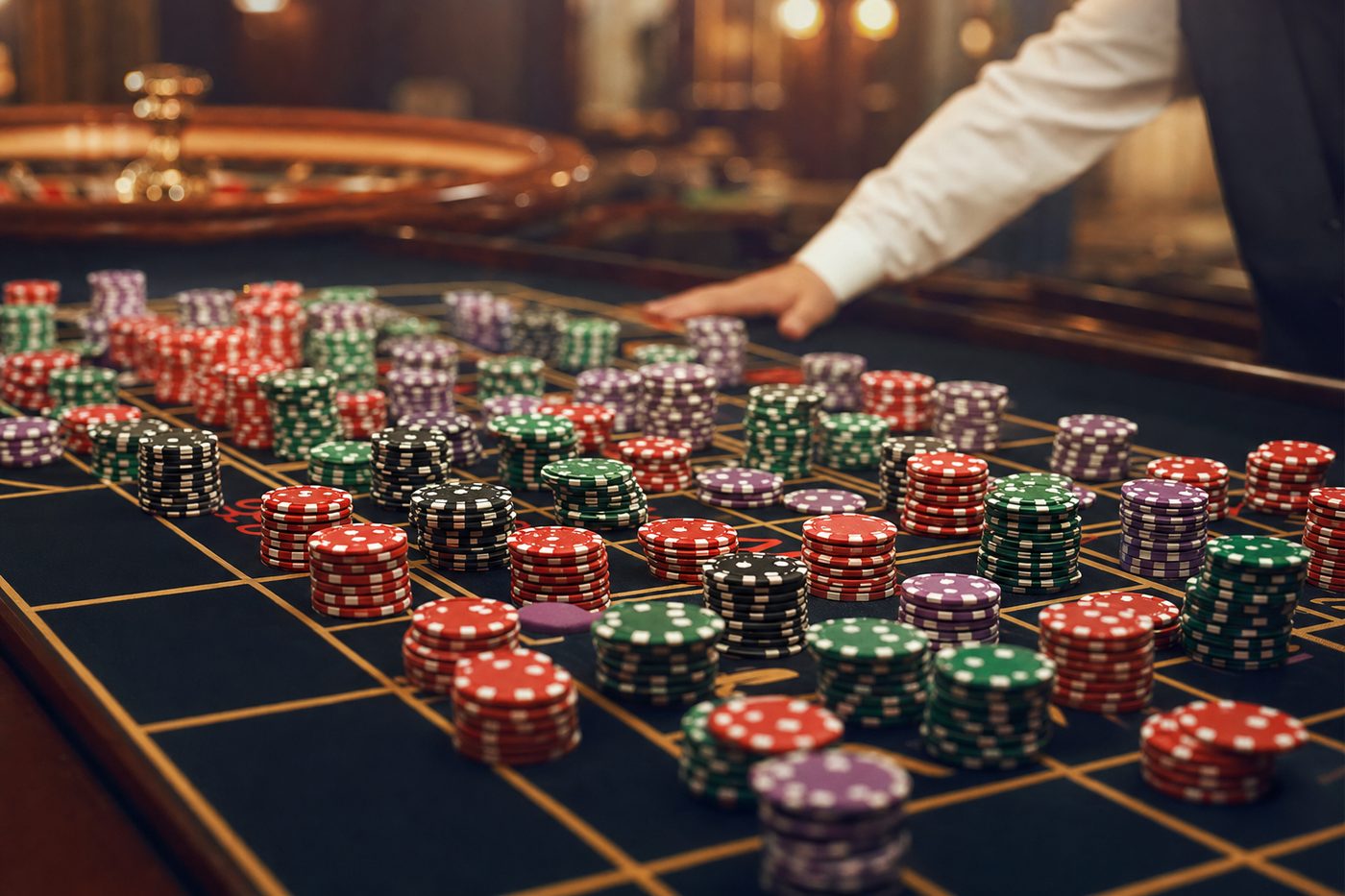 Fichas de casino apiladas en progresión sobre el tapete de una ruleta