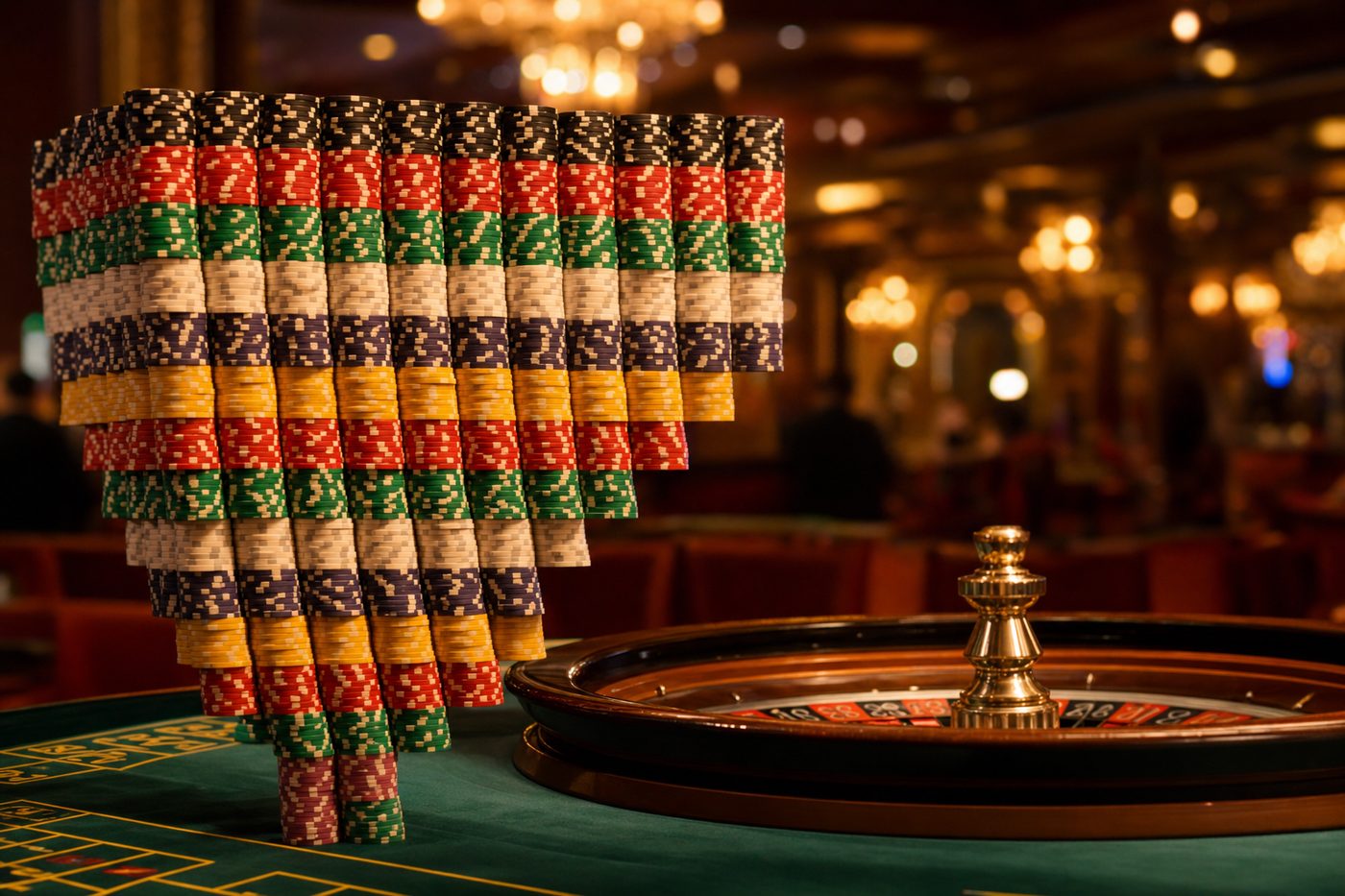 Fichas de casino apiladas en progresión sobre el tapete de una ruleta
