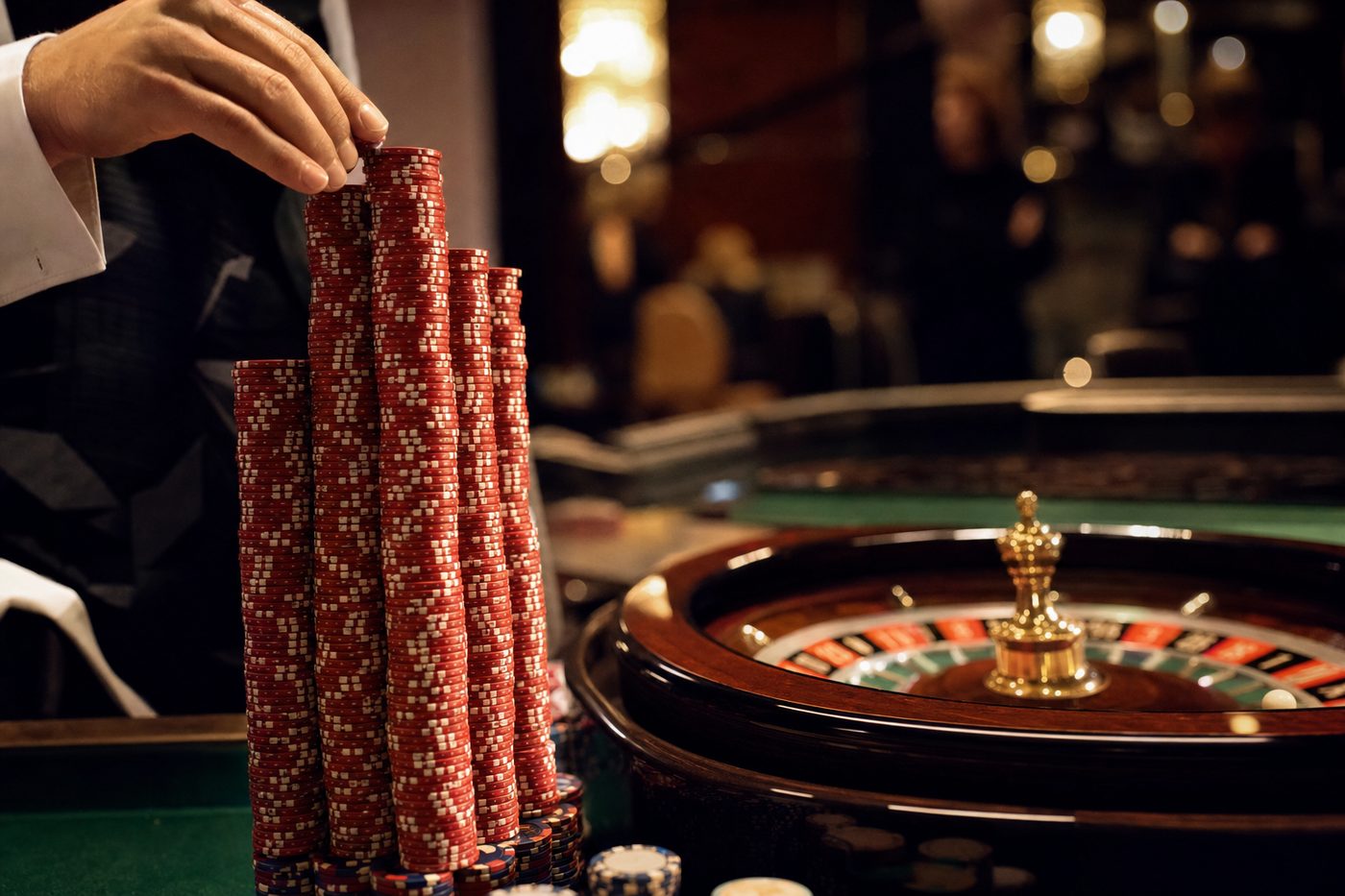 Fichas de casino apiladas en progresión sobre el tapete de una ruleta