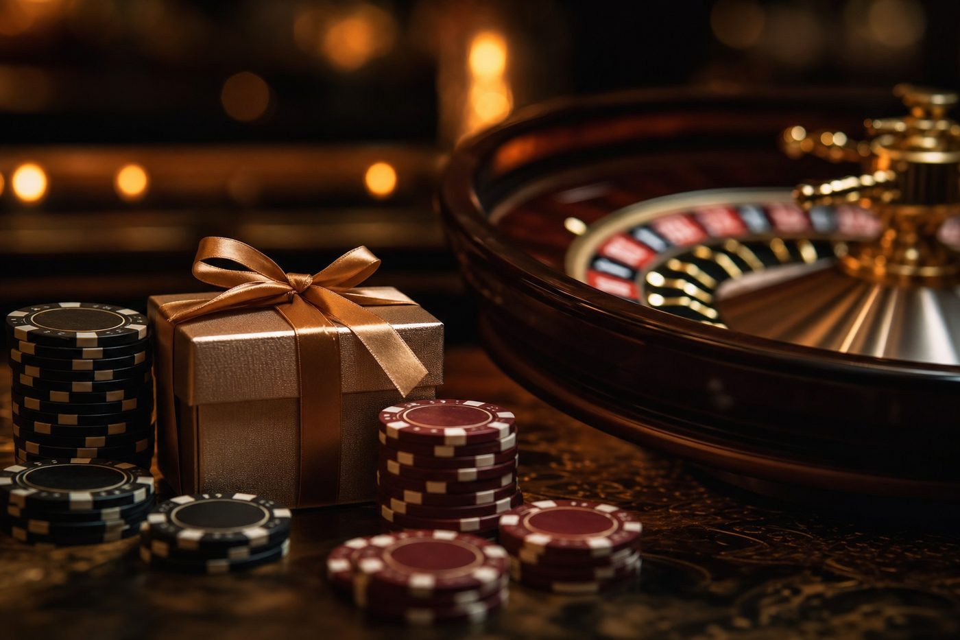 Interfaz de casino online con ruleta en un portátil junto a fichas