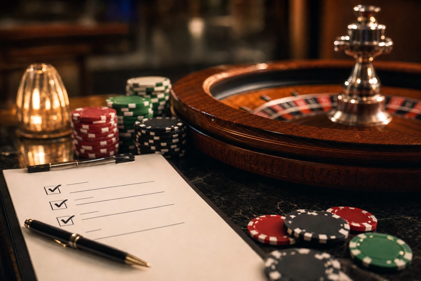 Interfaz de casino online con ruleta en un portátil junto a fichas