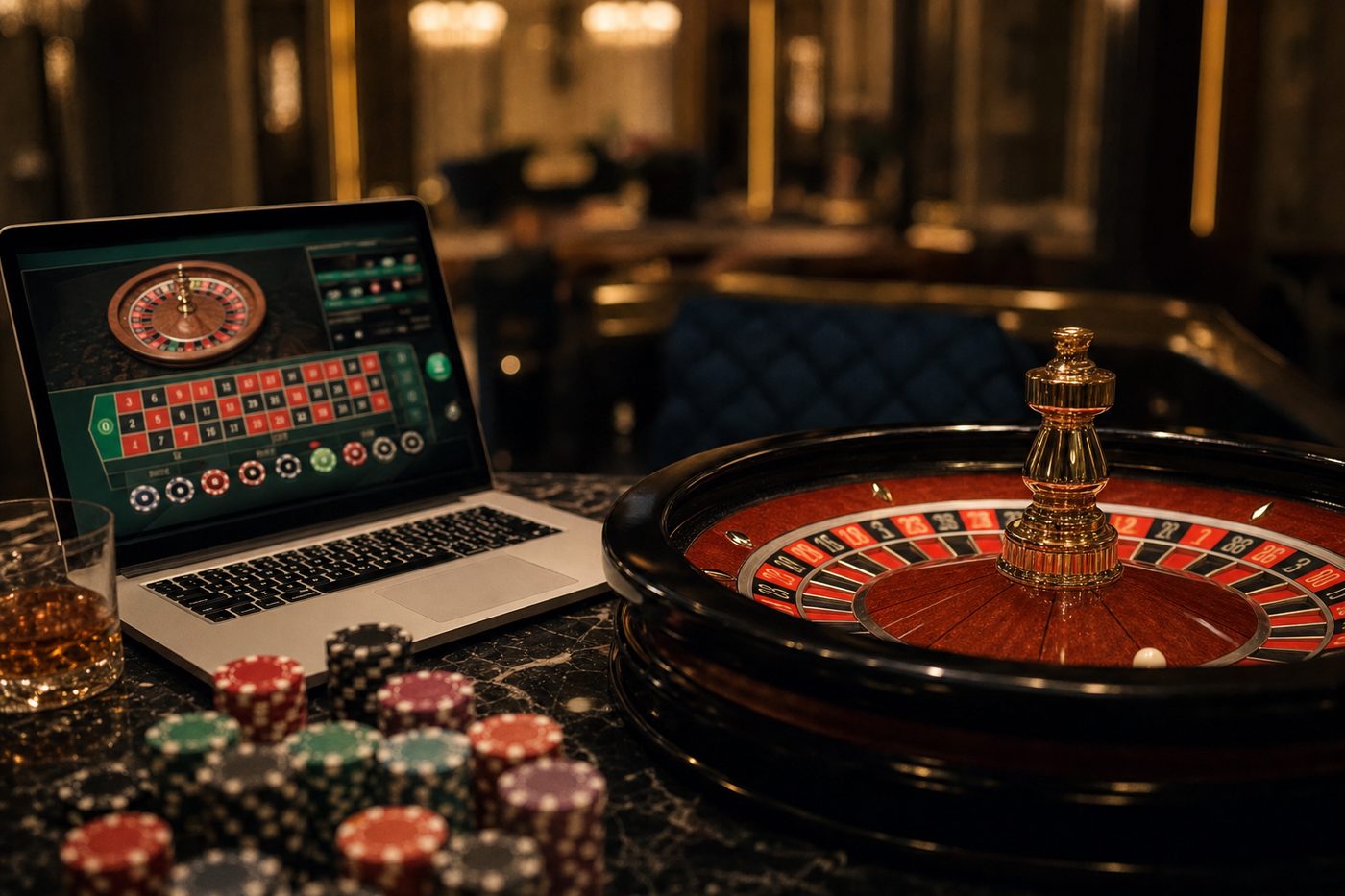 Interfaz de casino online con ruleta en un portátil junto a fichas