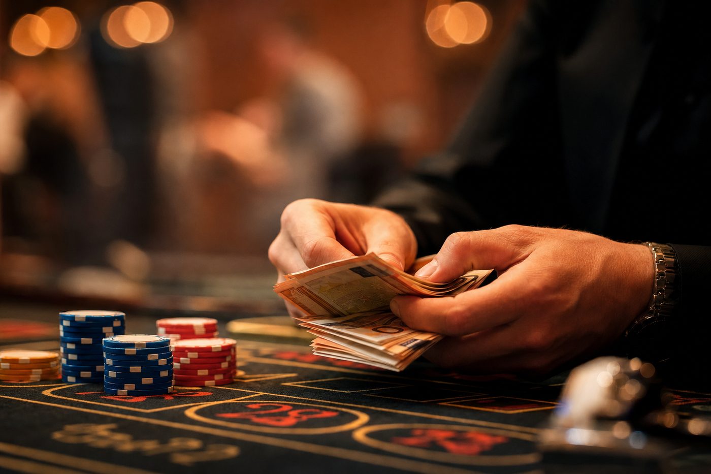 Interfaz de casino online con ruleta en un portátil junto a fichas