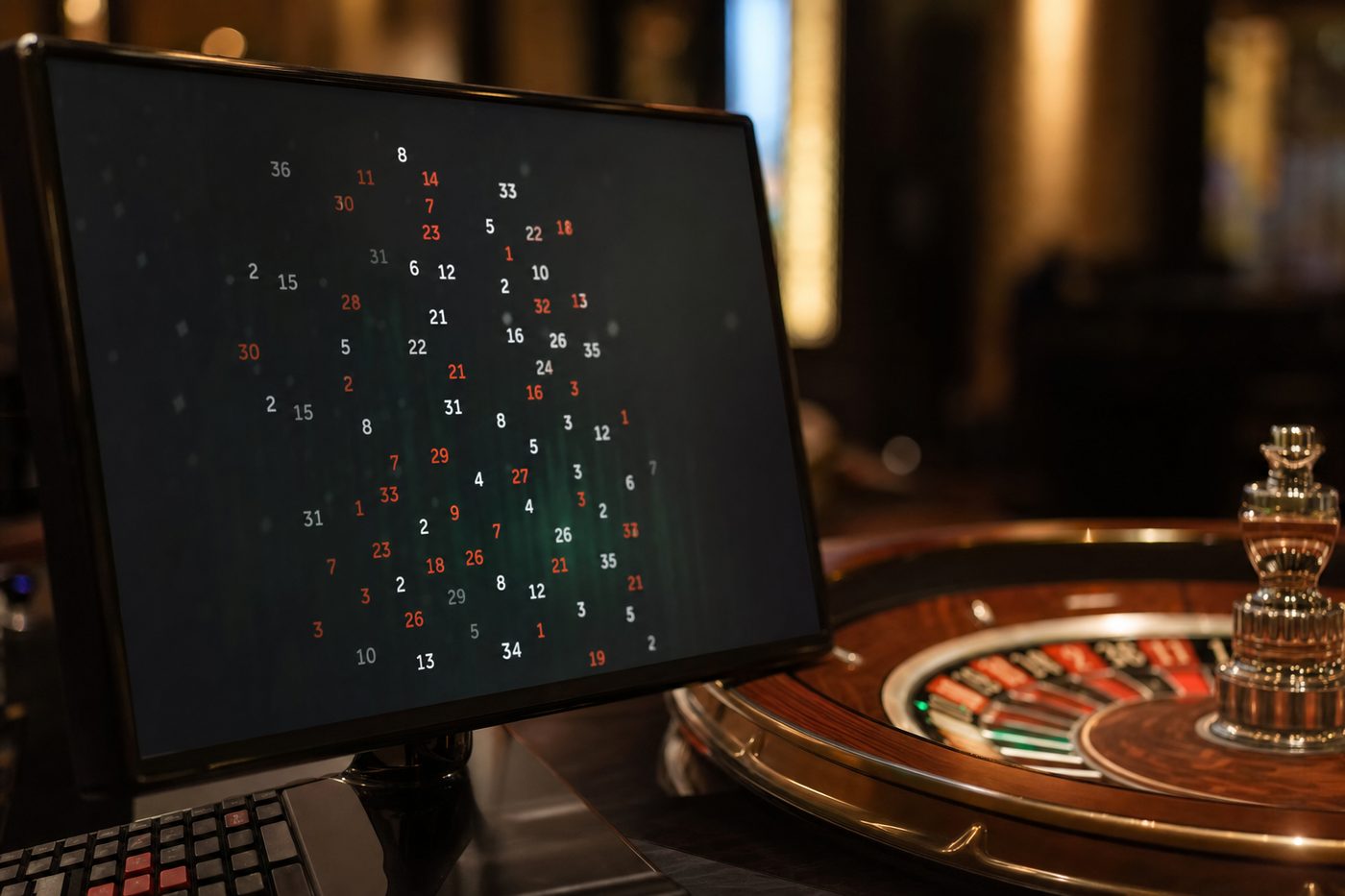 Interfaz de casino online con ruleta en un portátil junto a fichas