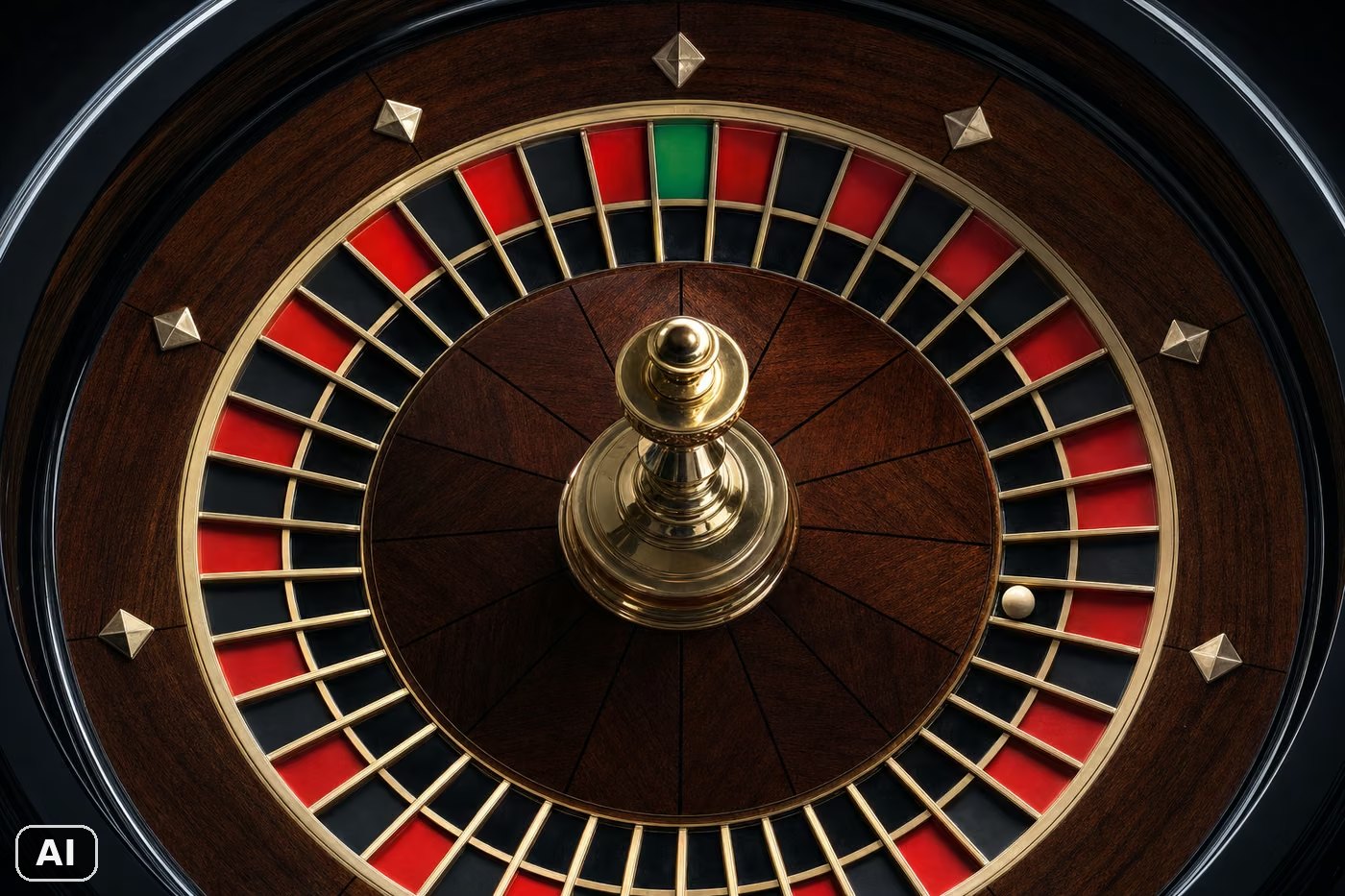 Vista superior de una rueda de ruleta europea con sus casillas rojas, negras y la verde. Imagen generada con inteligencia artificial