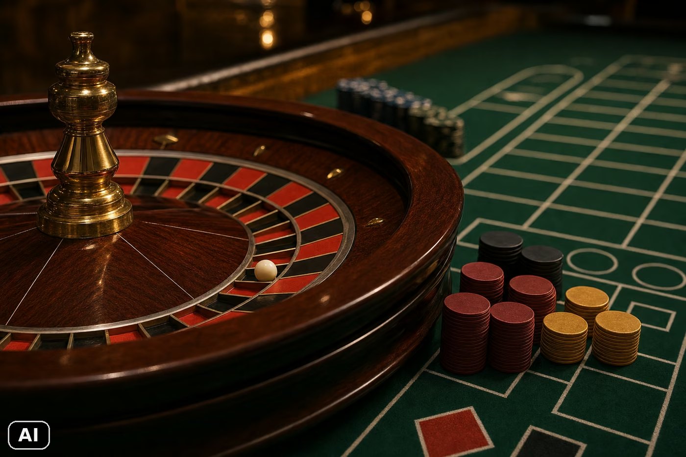 Rueda de ruleta europea y tapete verde con fichas apiladas en una mesa de casino. Imagen generada con inteligencia artificial