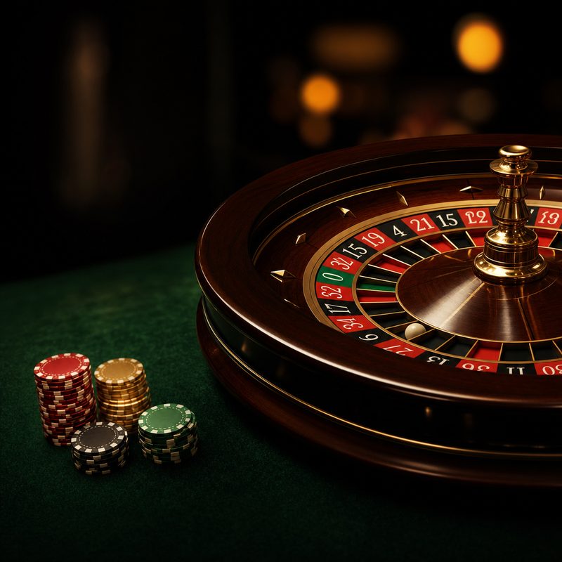Rueda de ruleta europea con fichas de casino