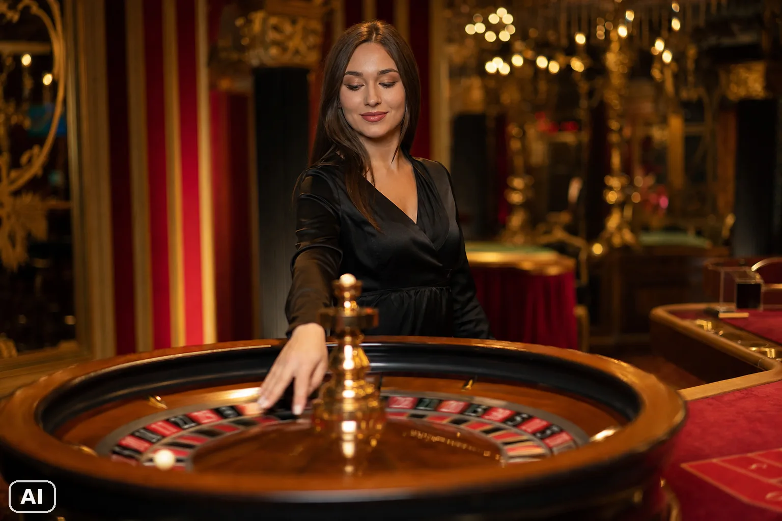 Ilustración de una mesa de ruleta en vivo: una crupier junto a la rueda en un estudio de retransmisión. Imagen generada con inteligencia artificial